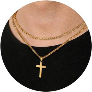 Cross Necklace for Men, Stainless Steel Silver Black Gold Layered Rope Chain